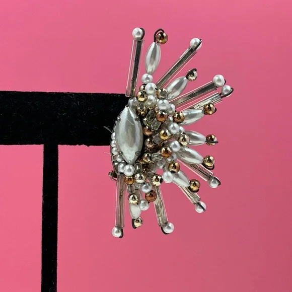 Vintage Designer Beaded Sunburst Clip On Earrings - Picture 3 of 7